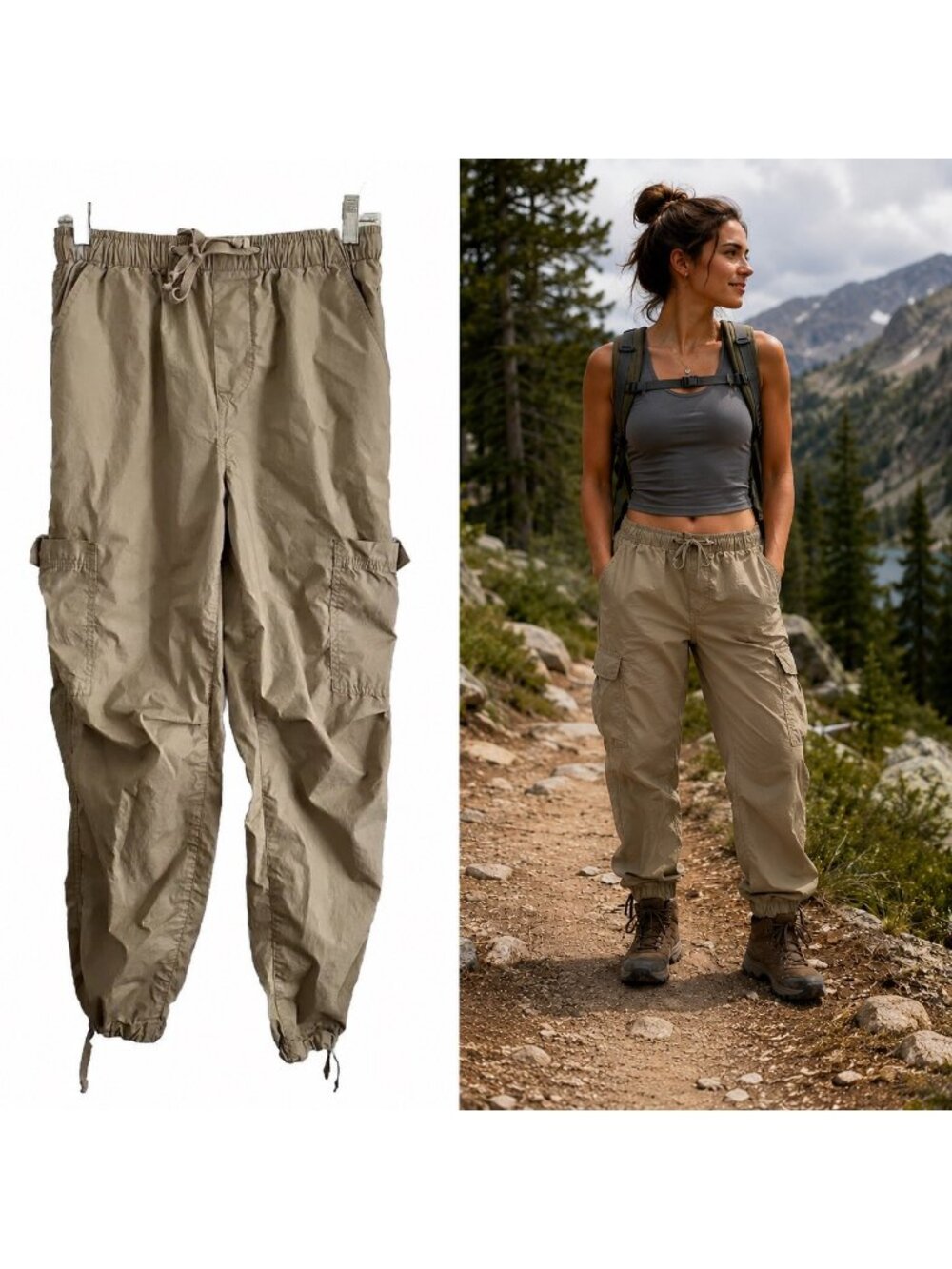 Khaki Cargo Pants Drawstring Waist Elastic Cuffs Adj Fit 5 Pockets Size Small